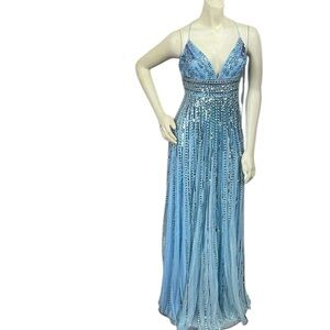 NWT Mac Duggal V Neck Spaghetti Strap Sequin Beaded Maxi Dress Gown Blue Sz 2